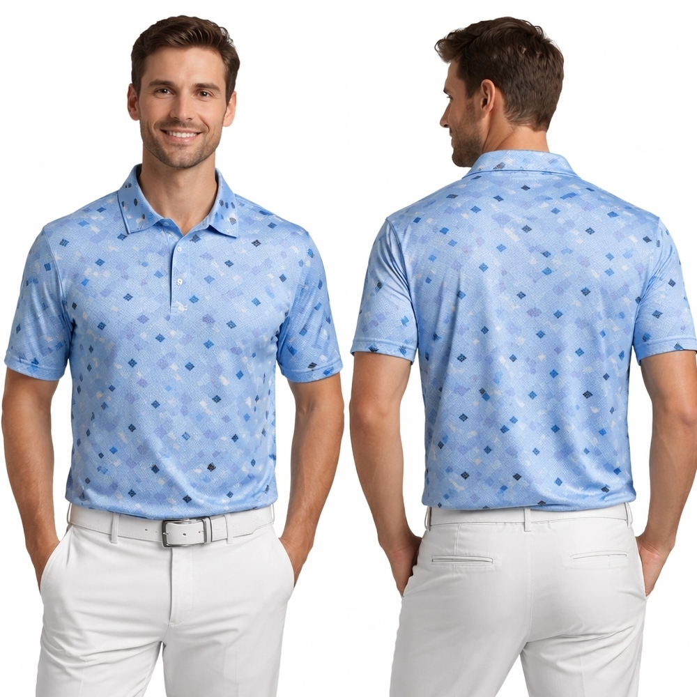 WALTER HAGEN Mens Polo Shirt Large Blue Geometric Golf Preppy